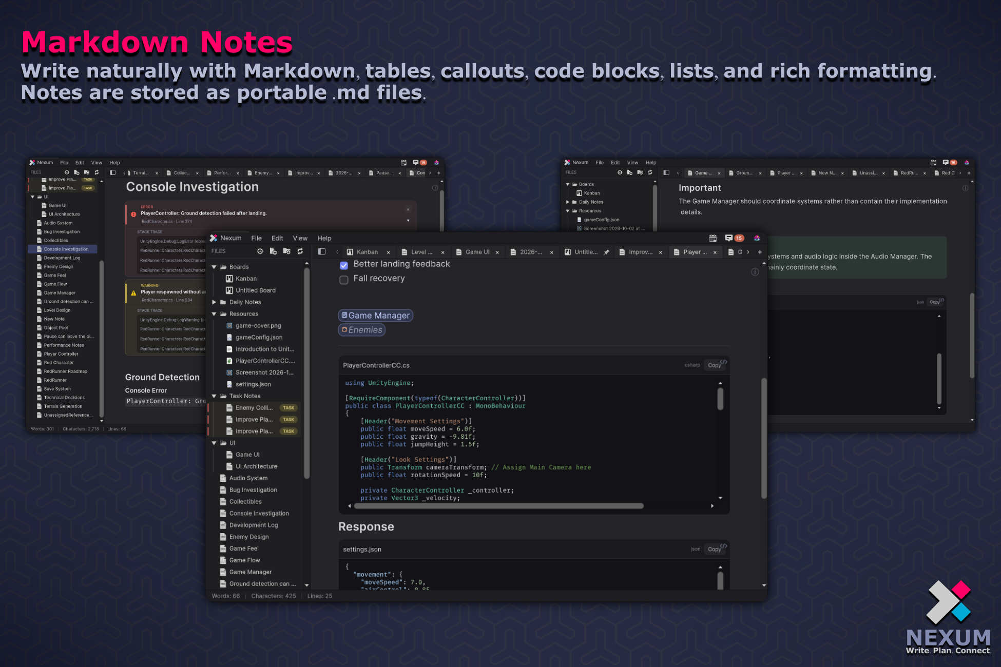 Nexum Markdown notes in the Unity Editor