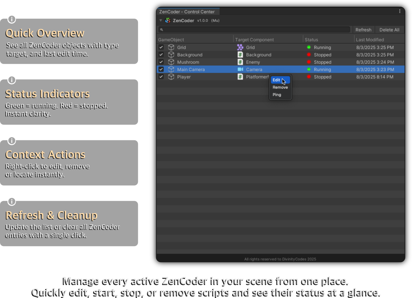 ZenCoder Control Center listing GameObjects, targets, and running status